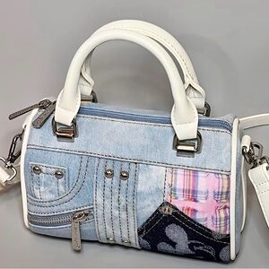 Denim Mini Backpack White-Handle Denim Patchwork Satchel